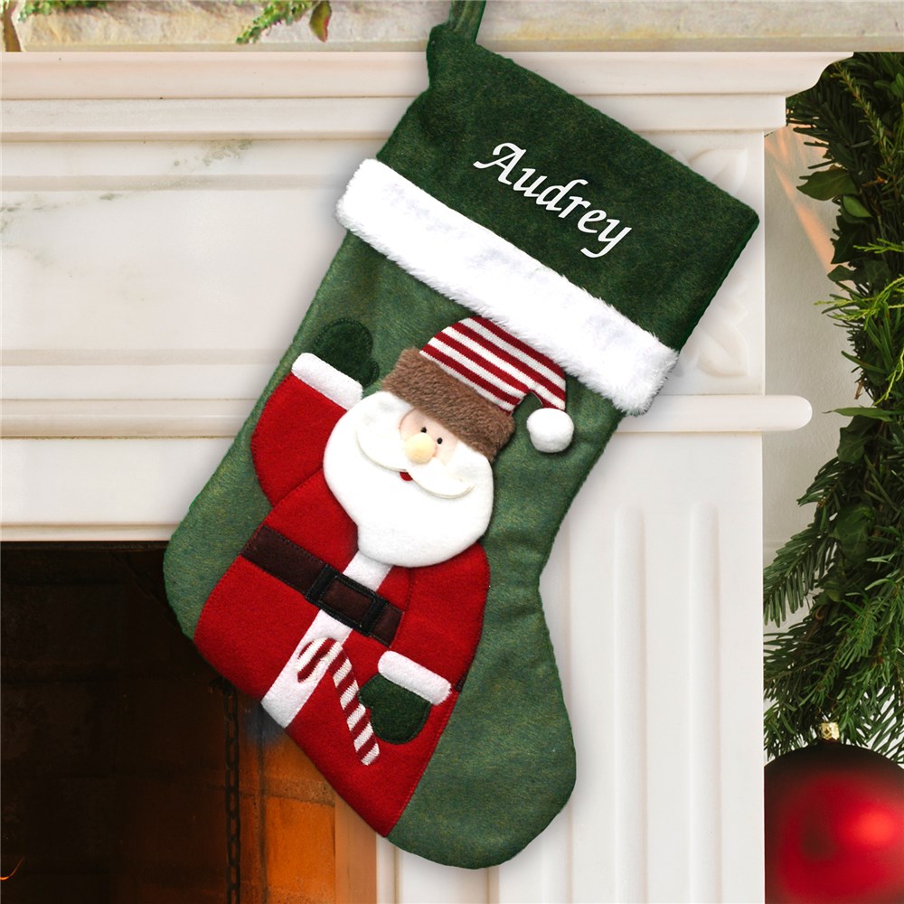 Green Christmas Embroidered Stocking with Felt Santa GiftsForYouNow