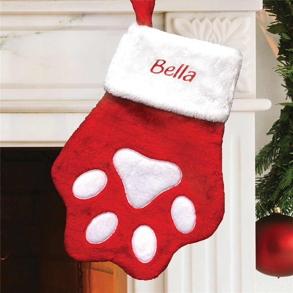Embroidered Red Dog Paw Christmas Stocking