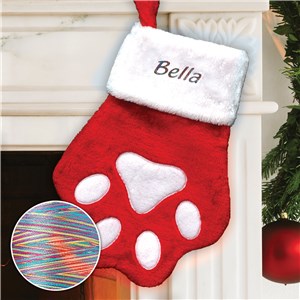 Embroidered Red Paw Christmas Stocking with Rainbow Thread 