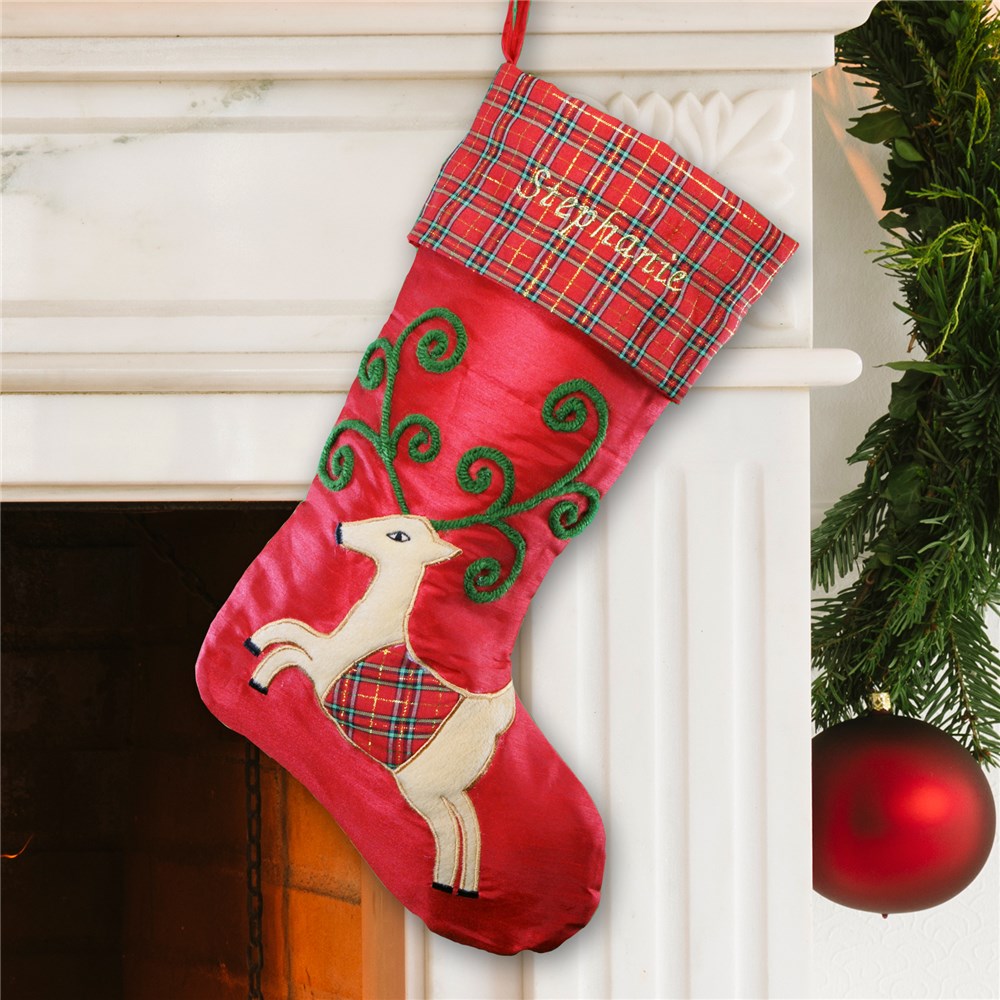 Satin and Plaid Personalized Reindeer Stocking GiftsForYouNow