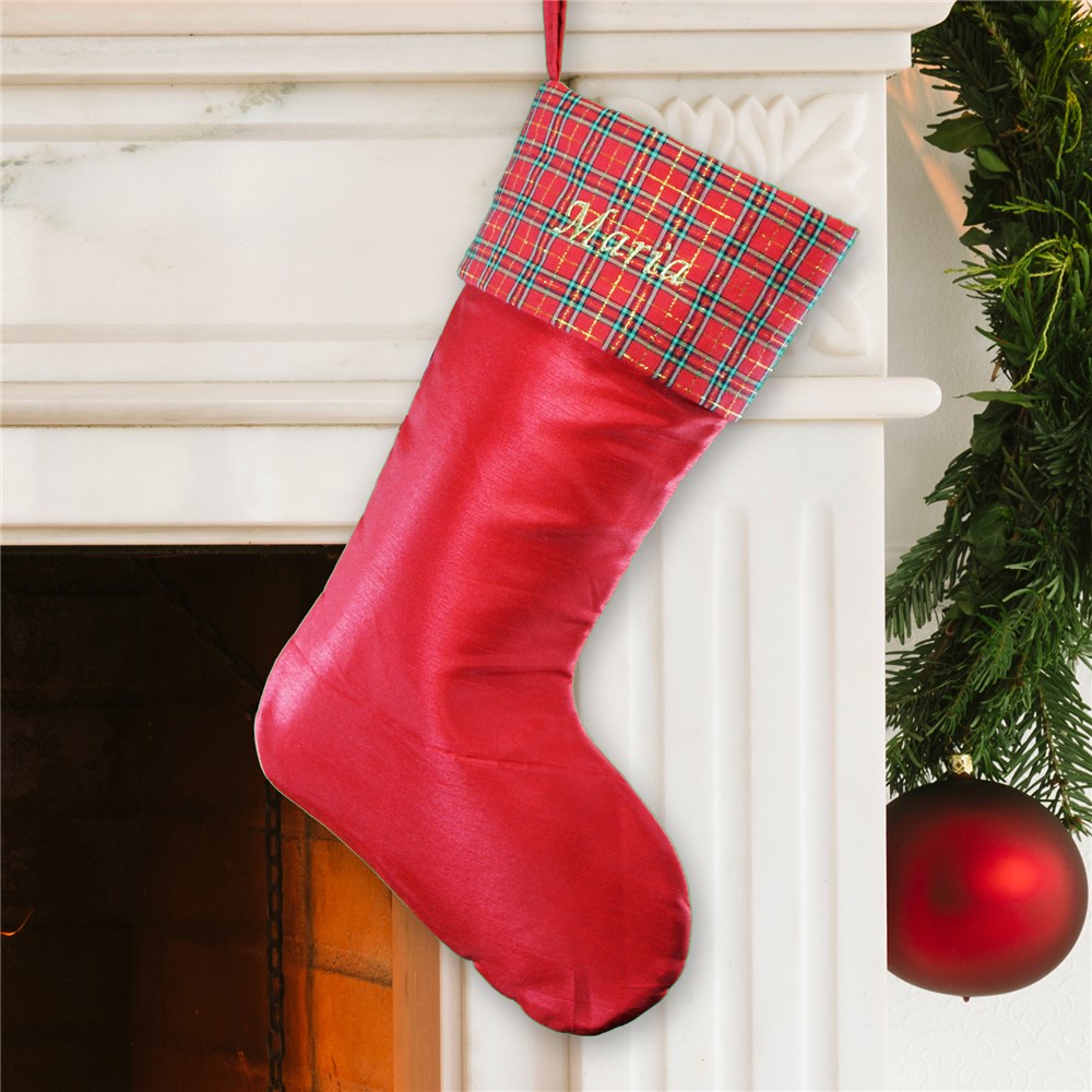Embroidered Red Satin with Plaid Trim Stocking | Personalized Christmas Stockings