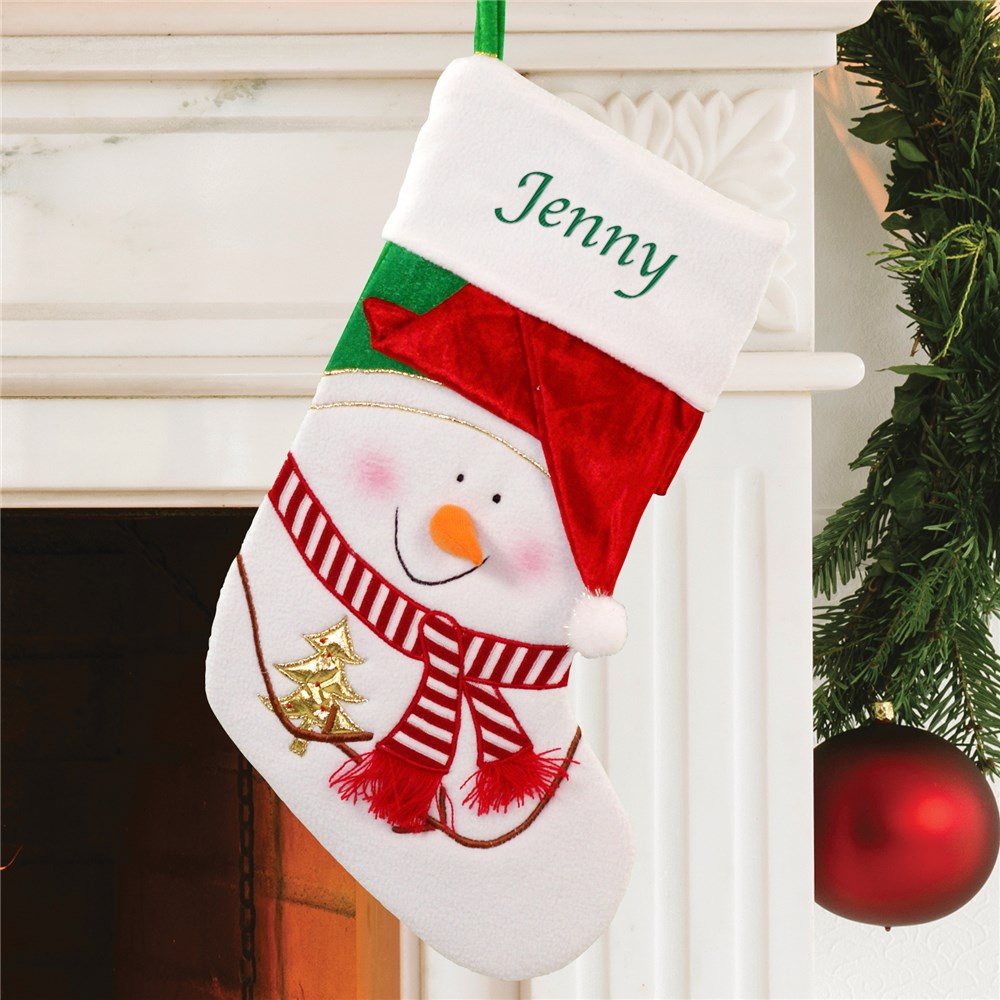 Embroidered Red Hat Snowman Christmas Stocking | Personalized Christmas Stockings