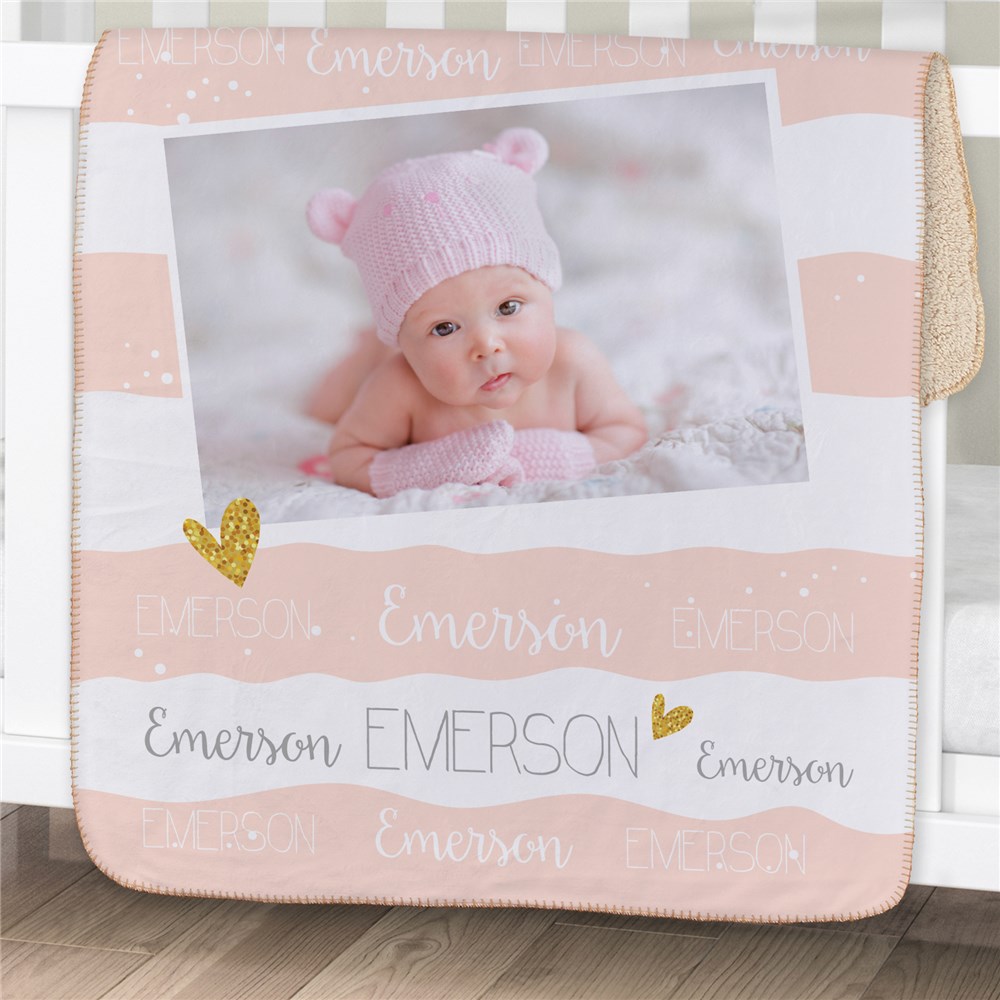 Personalized Hearts and Stripes Photo Sherpa Baby Blanket | Personalized Baby Blankets