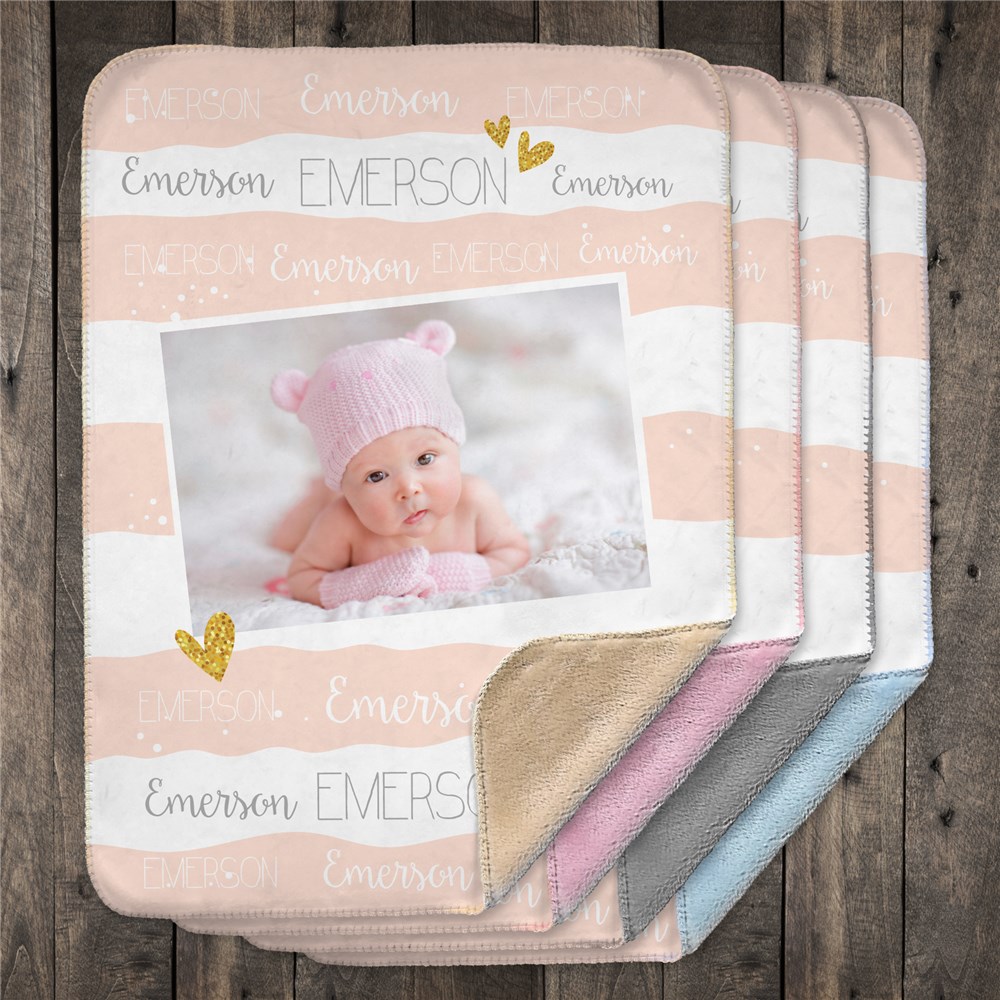 Personalized Hearts and Stripes Photo Sherpa Baby Blanket | Personalized Baby Blankets