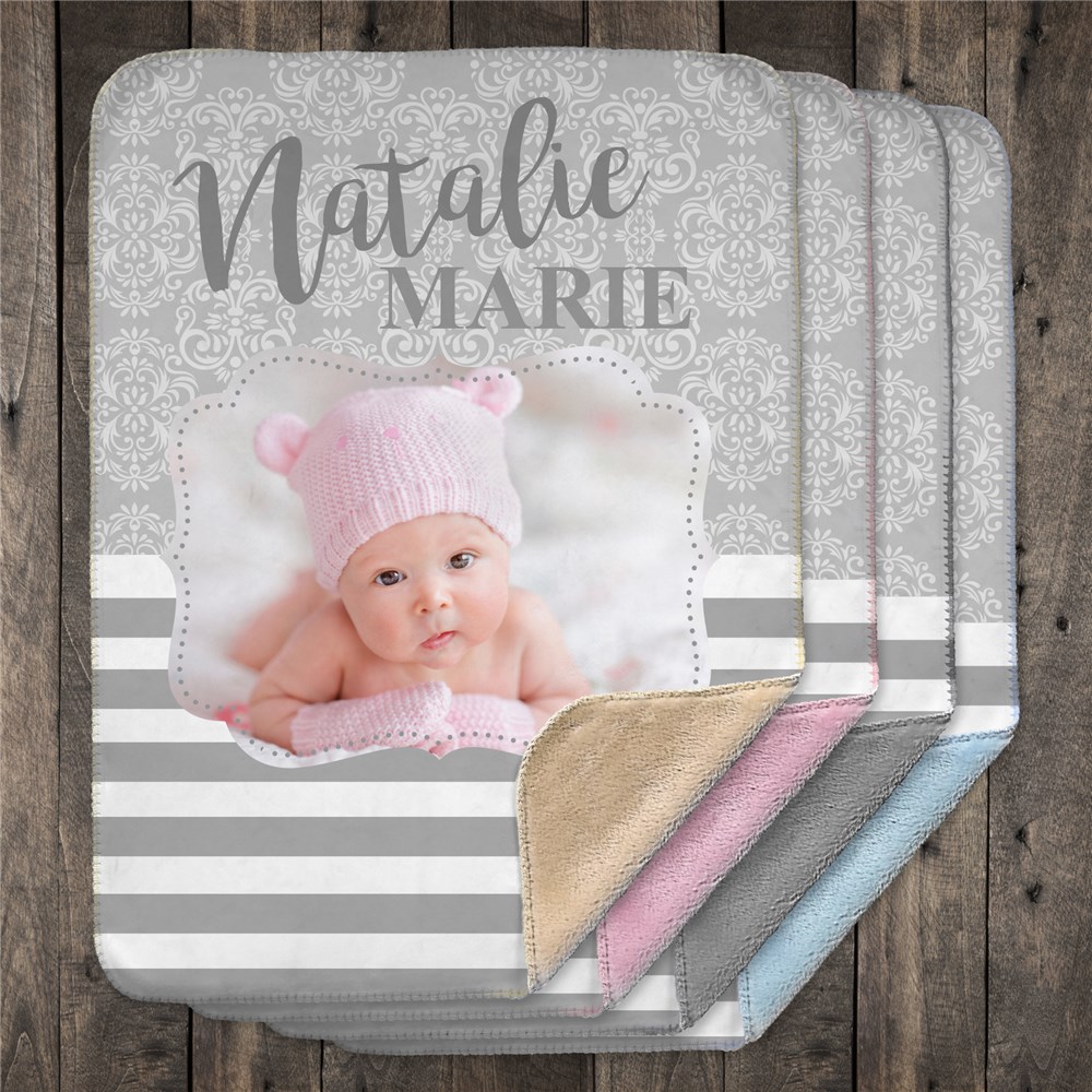 Personalized Striped Photo Baby Sherpa Blanket | Photo Personalized Baby Blanket