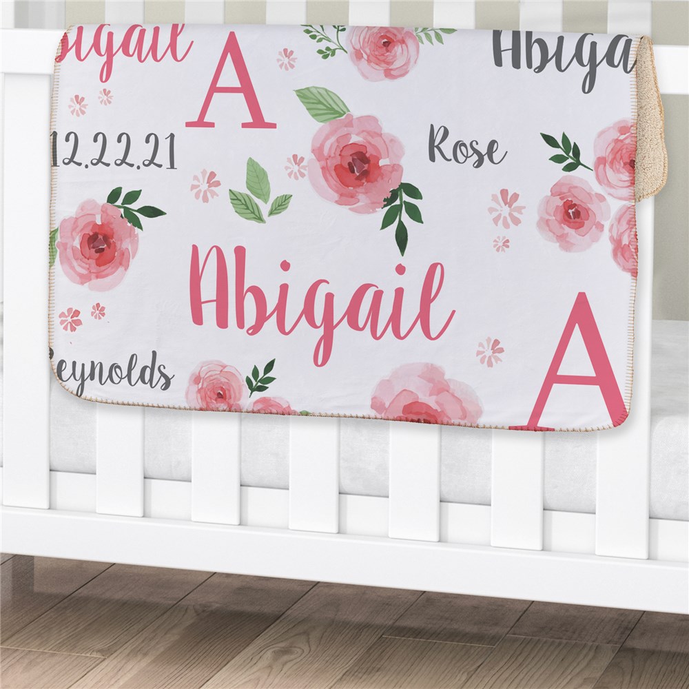 Personalized Pink Floral Baby Sherpa Blanket