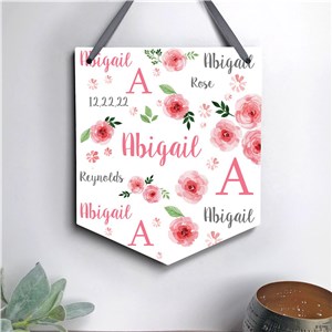 Personalized Pink Floral Banner-Shaped Sign for Nursery Wall Decor