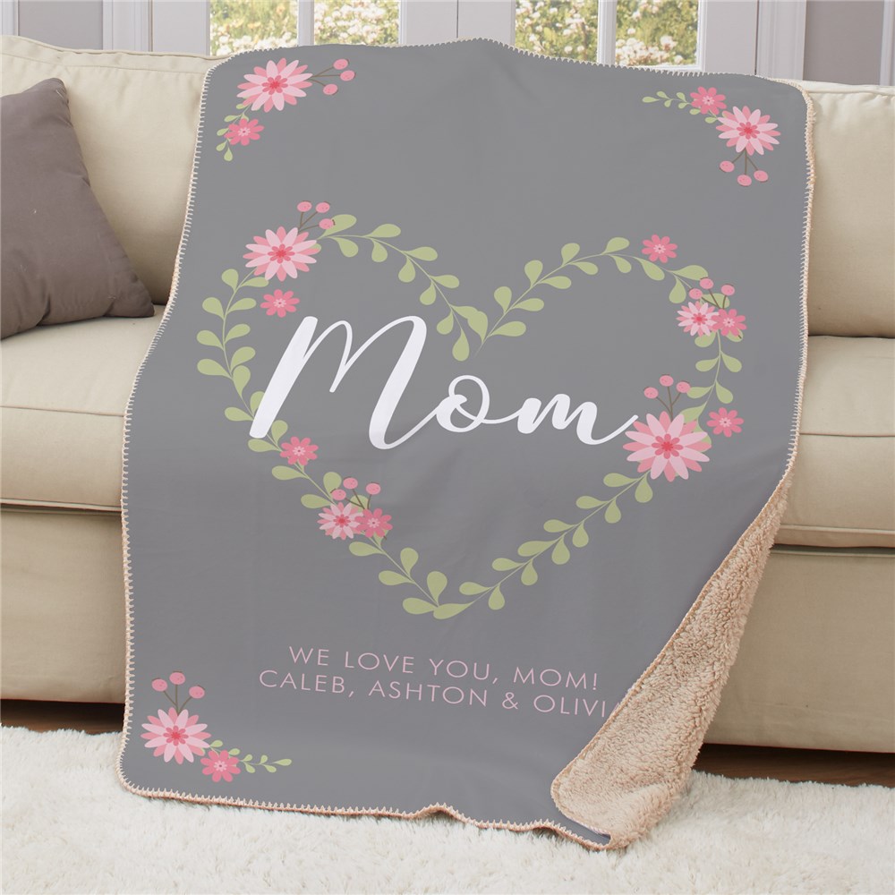 Personalized Mom Floral Heart Sherpa Throw Giftsforyounow