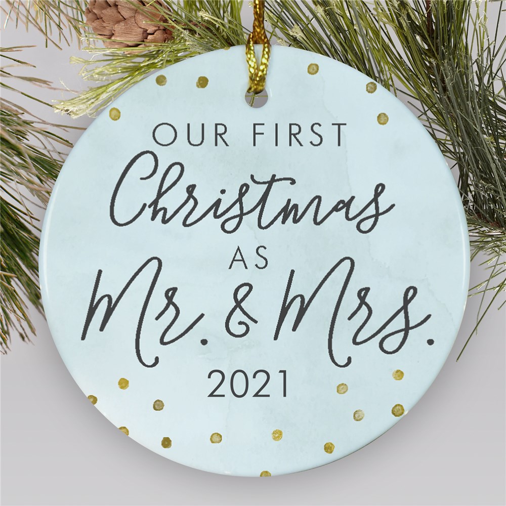Blue First Christmas as Mr and Mrs Ornament | Newlyweds Ornament with Gold Accents