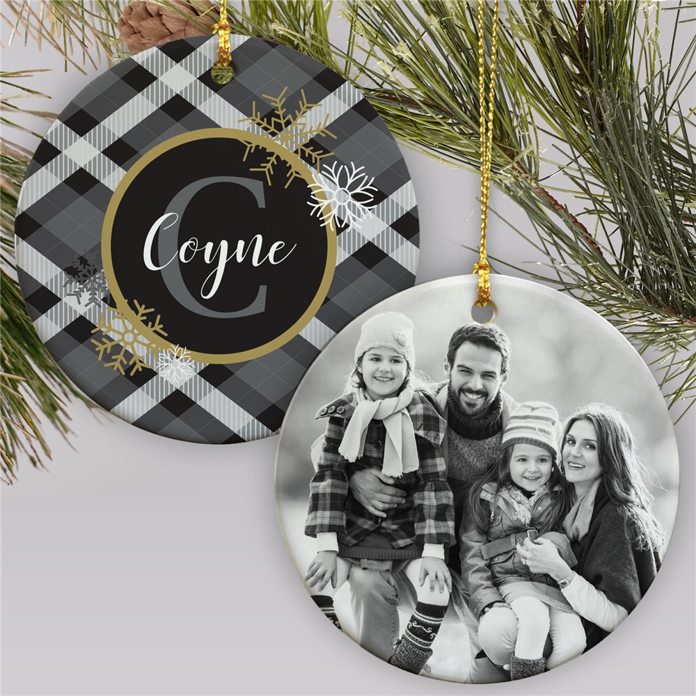 Dashing Through The Snow Ornament | Black And White Plaid Ornament With Photo