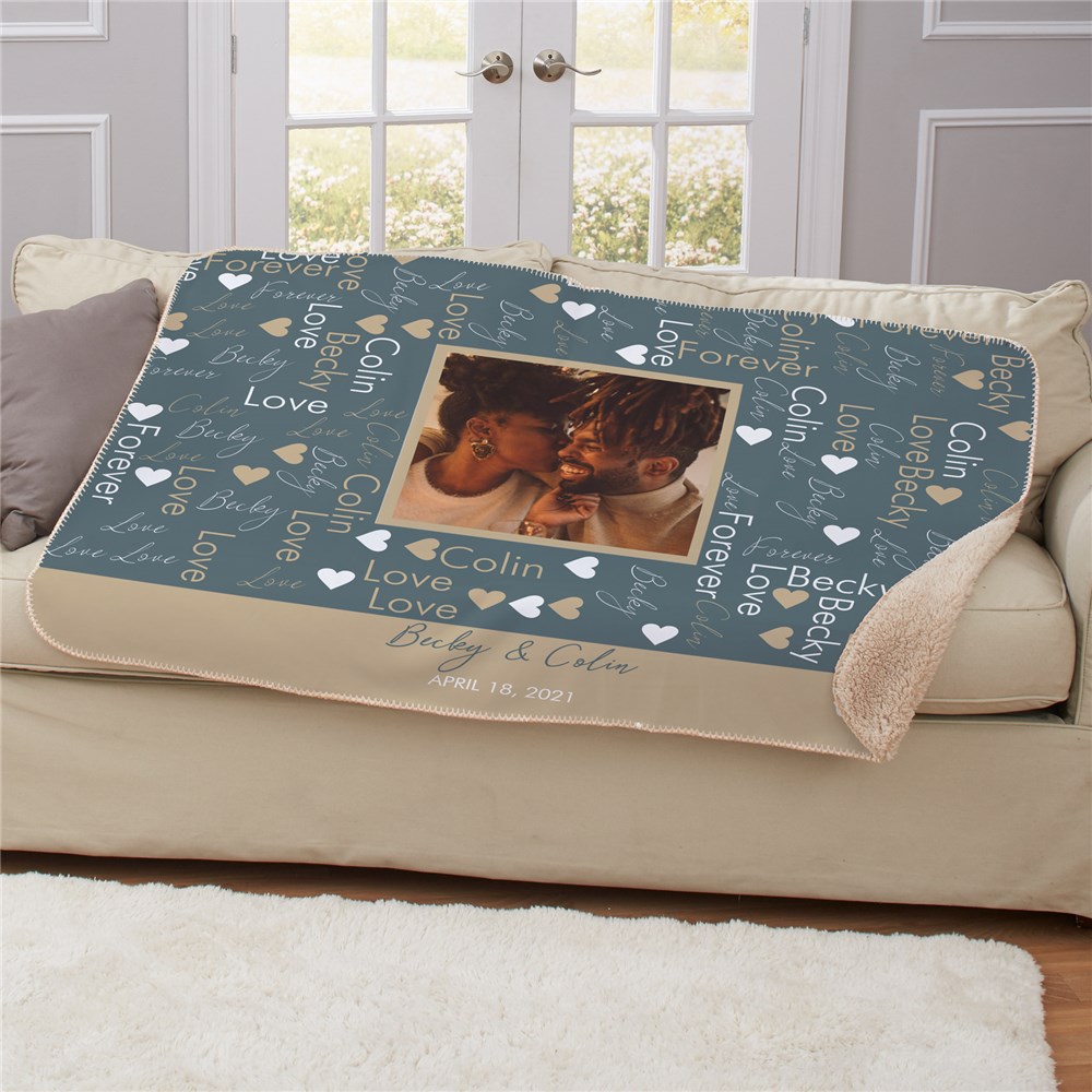 Personalized WordArt 50x60 Couples Photo Sherpa Blanket GiftsForYouNow