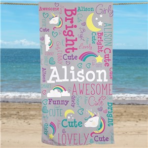 Sand-Free Unicorn Word-Art Beach Towel