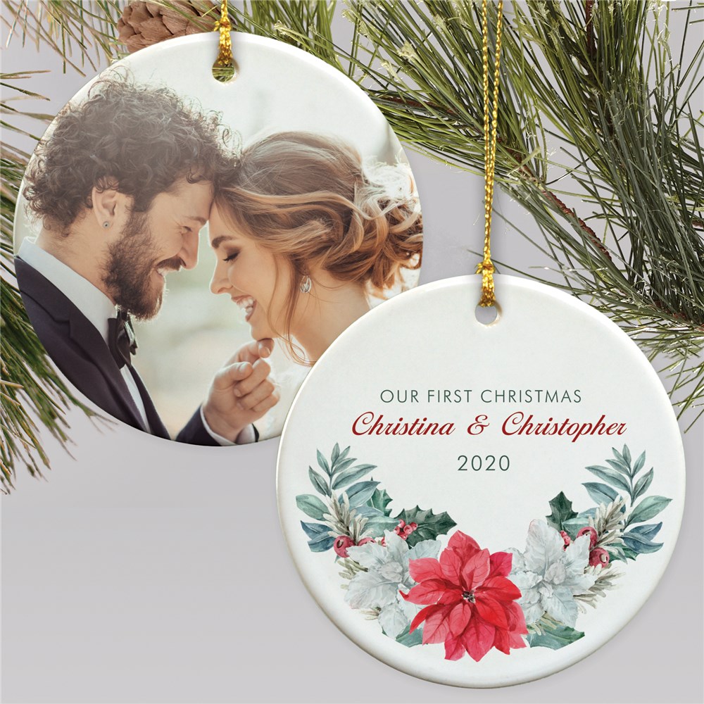 Personalized First Christmas Floral Photo Double Sided Ornament ...