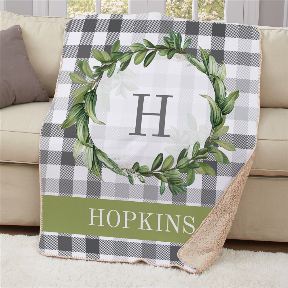 Personalized Plaid Sherpa Blanket with Eucalyptus Wreath Design