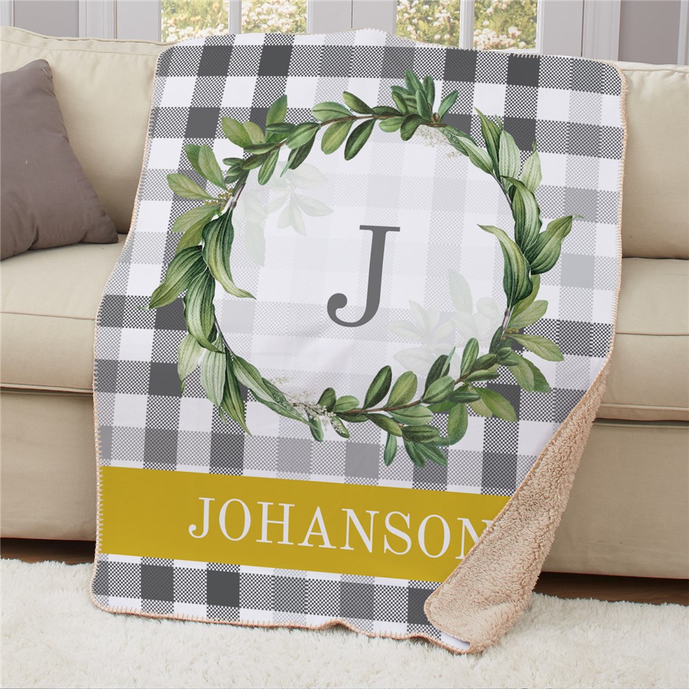 Personalized Plaid Sherpa Blanket with Eucalyptus Wreath Design
