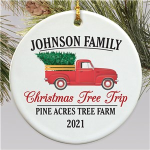 Personalized Christmas Tree Trip with Truck Round Ornament