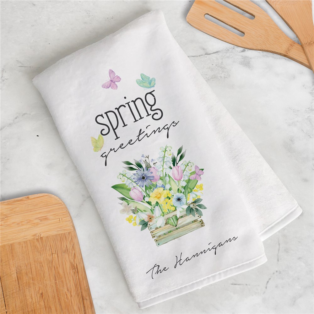 Personalized Spring Greetings Floral Crate Dish Towel