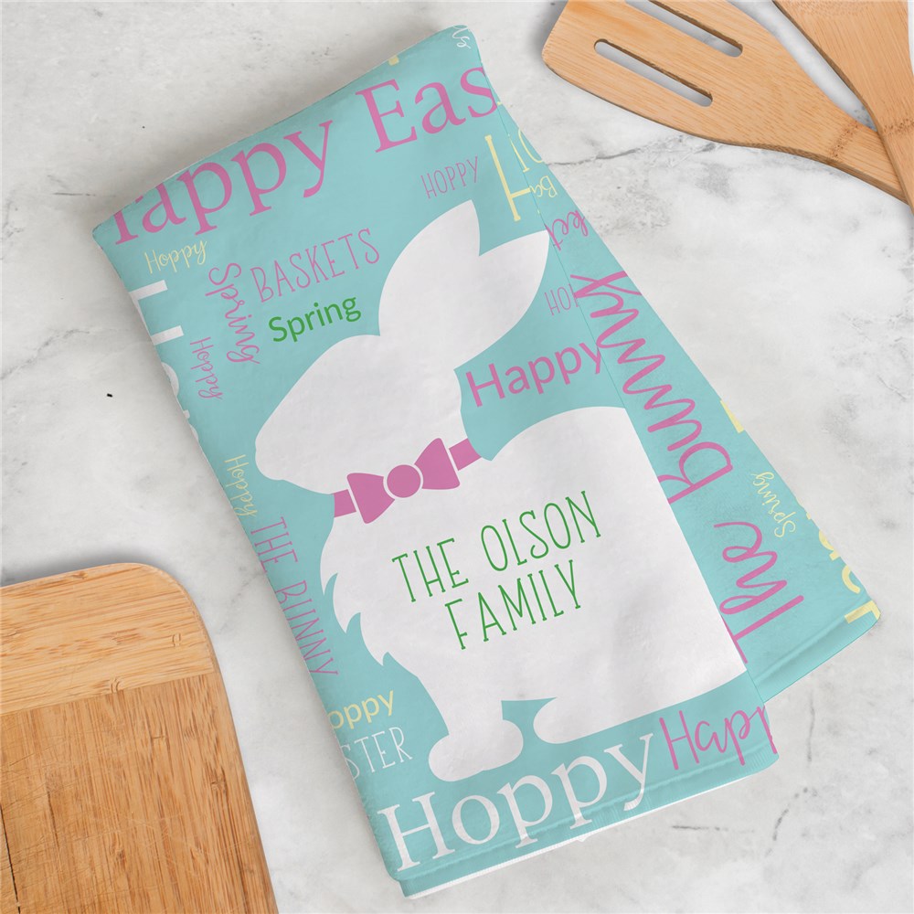 Personalized Bowtie Bunny Word Art Dish Towel