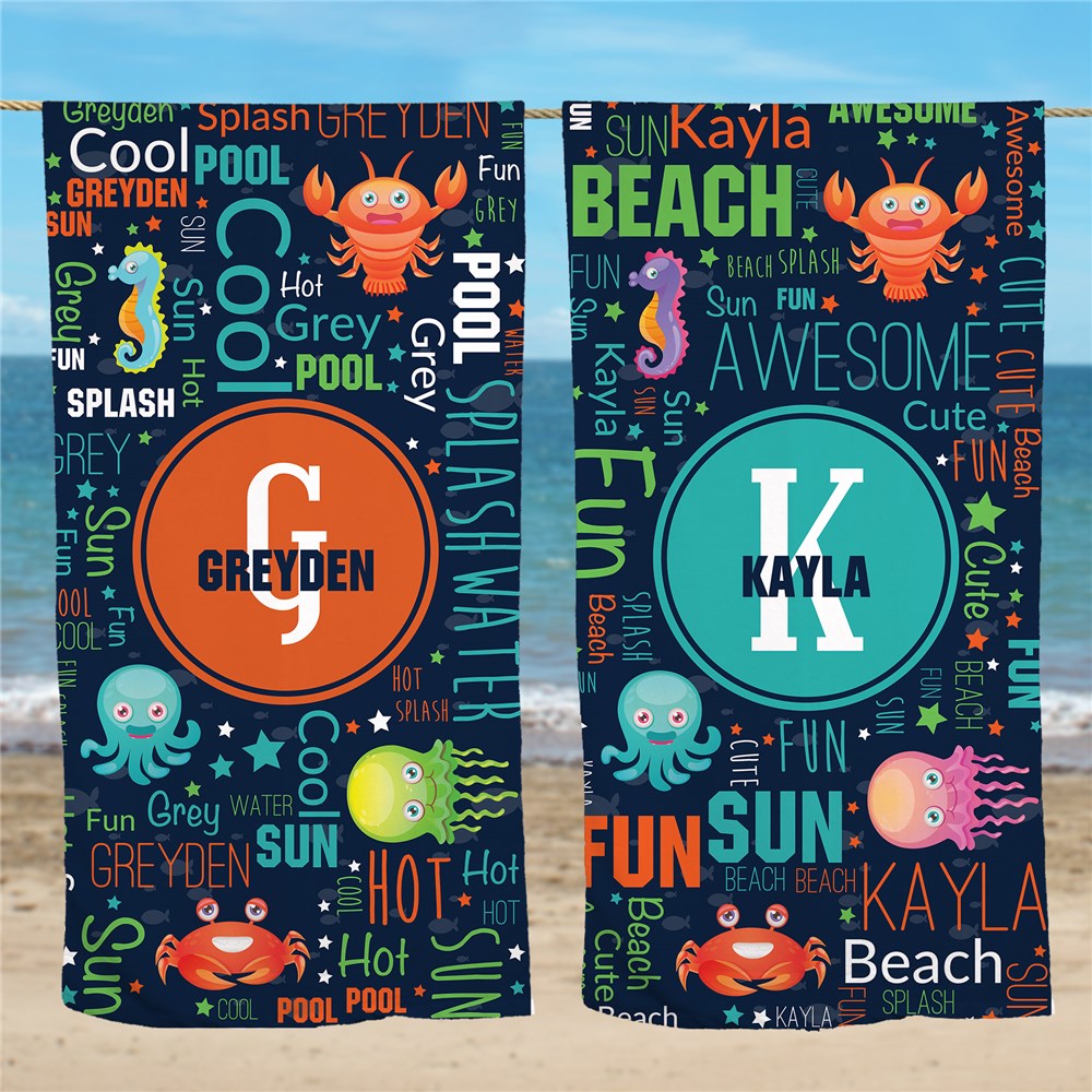 Personalized Sea Creature Word-Art Kids' Beach Towel