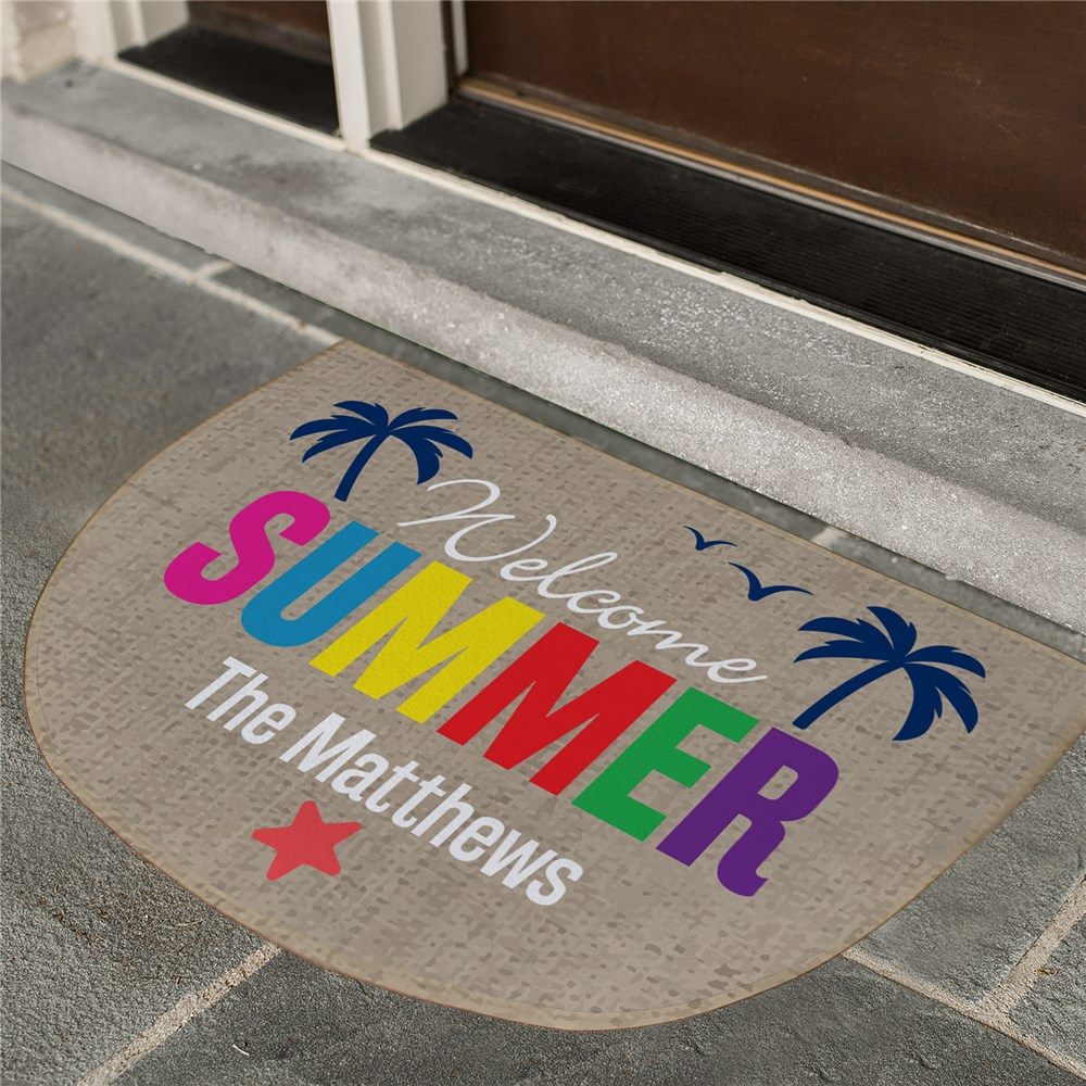 Personalized Colorful Summer Half Round Doormat with Palm Trees