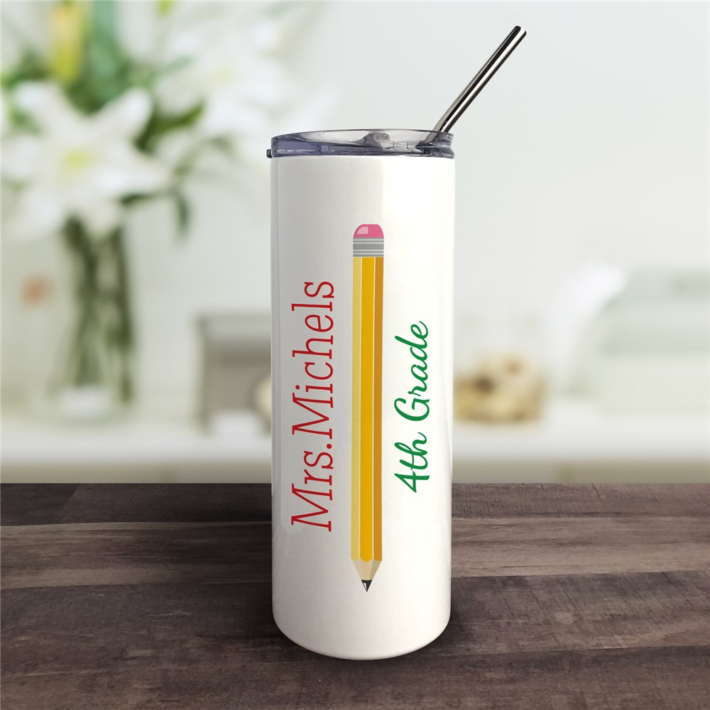 Personalized Teacher Tumbler with Straw and Pencil Design