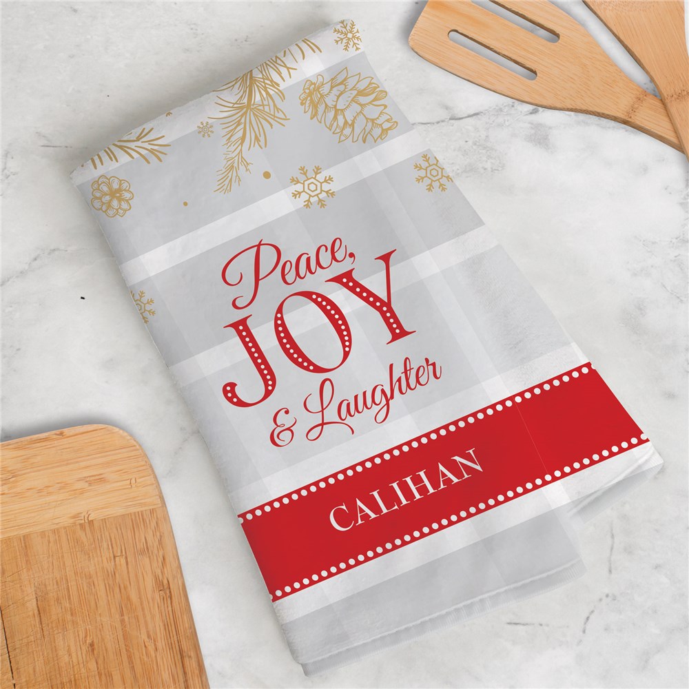 Personalized Peace Joy & Laughter Christmas Dish Towel