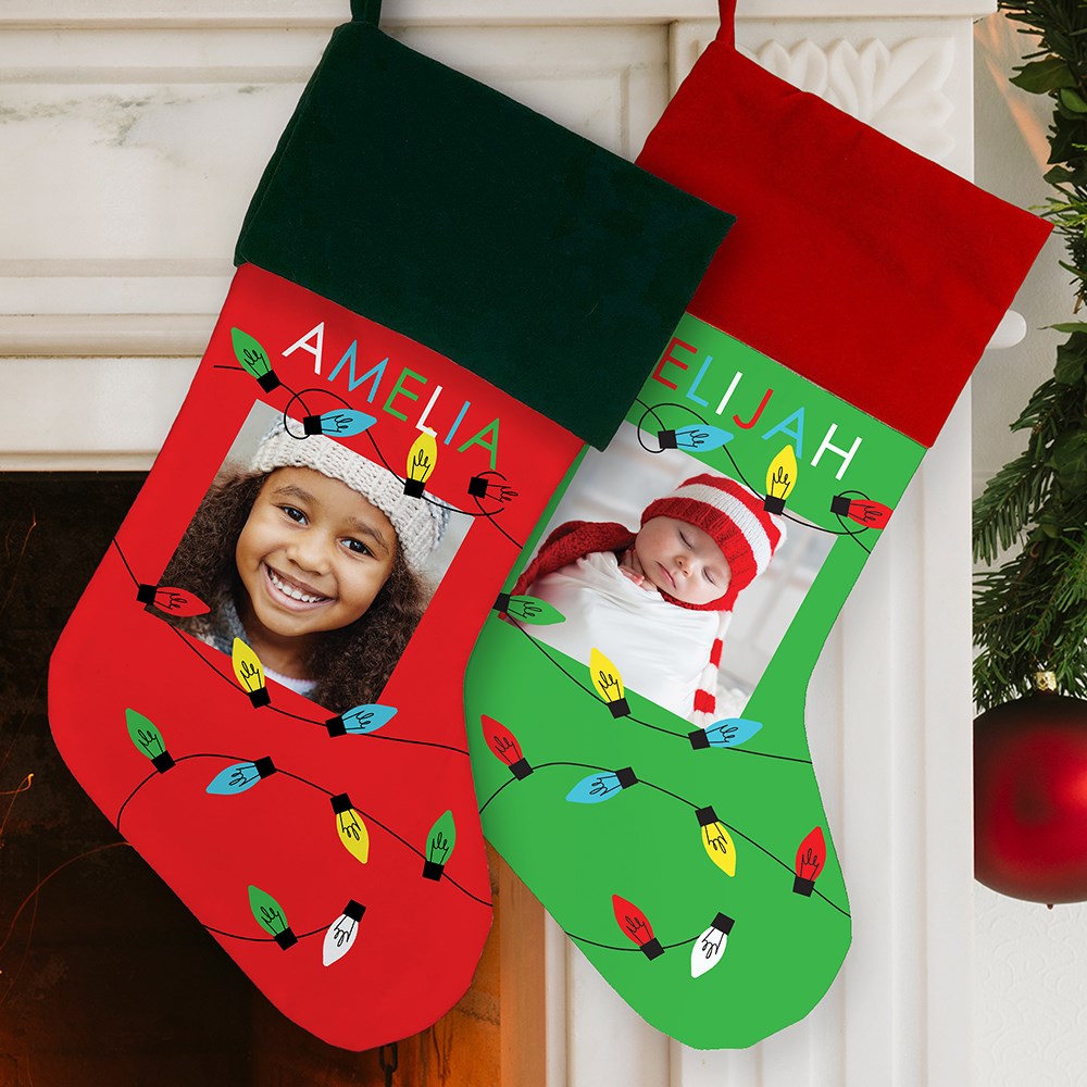 Personalized String Light Kids' Photo Christmas Stocking