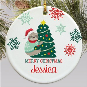 Round Personalized Christmas Tree Sloth Ornament