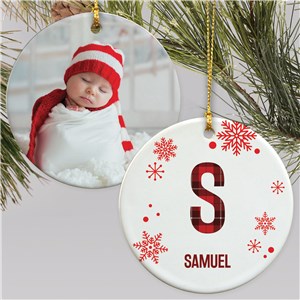 Personalized Name & Plaid Initial with Photo Round Double Sided Ornament