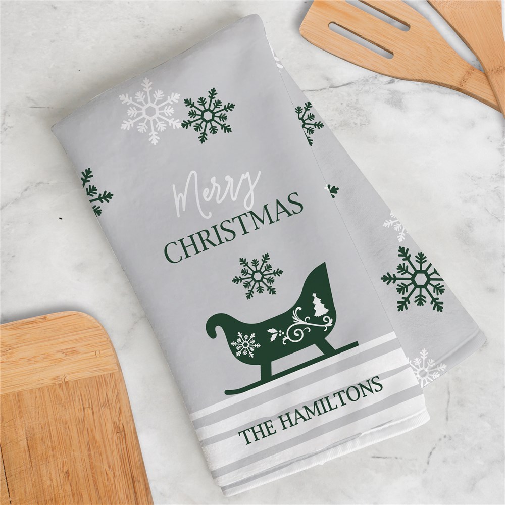 Personalized Merry Christmas Sleigh Dish Towel