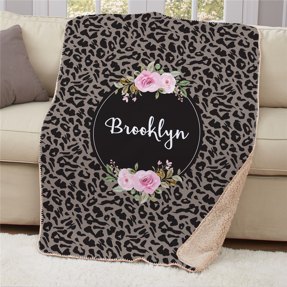 Personalized Leopard Blanket with Floral Frame