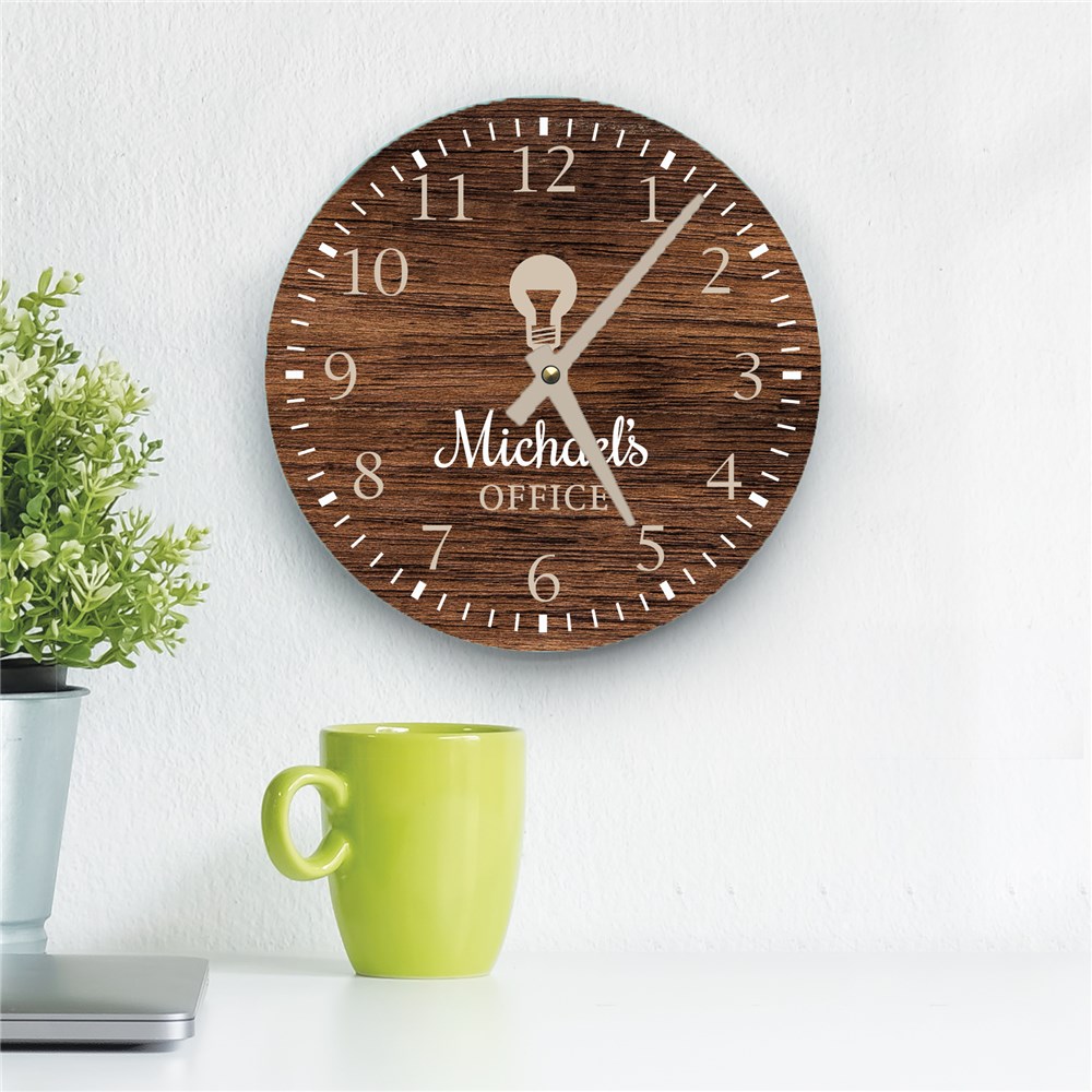 Personalized Wood Background with Icons Rustic Wall Clock