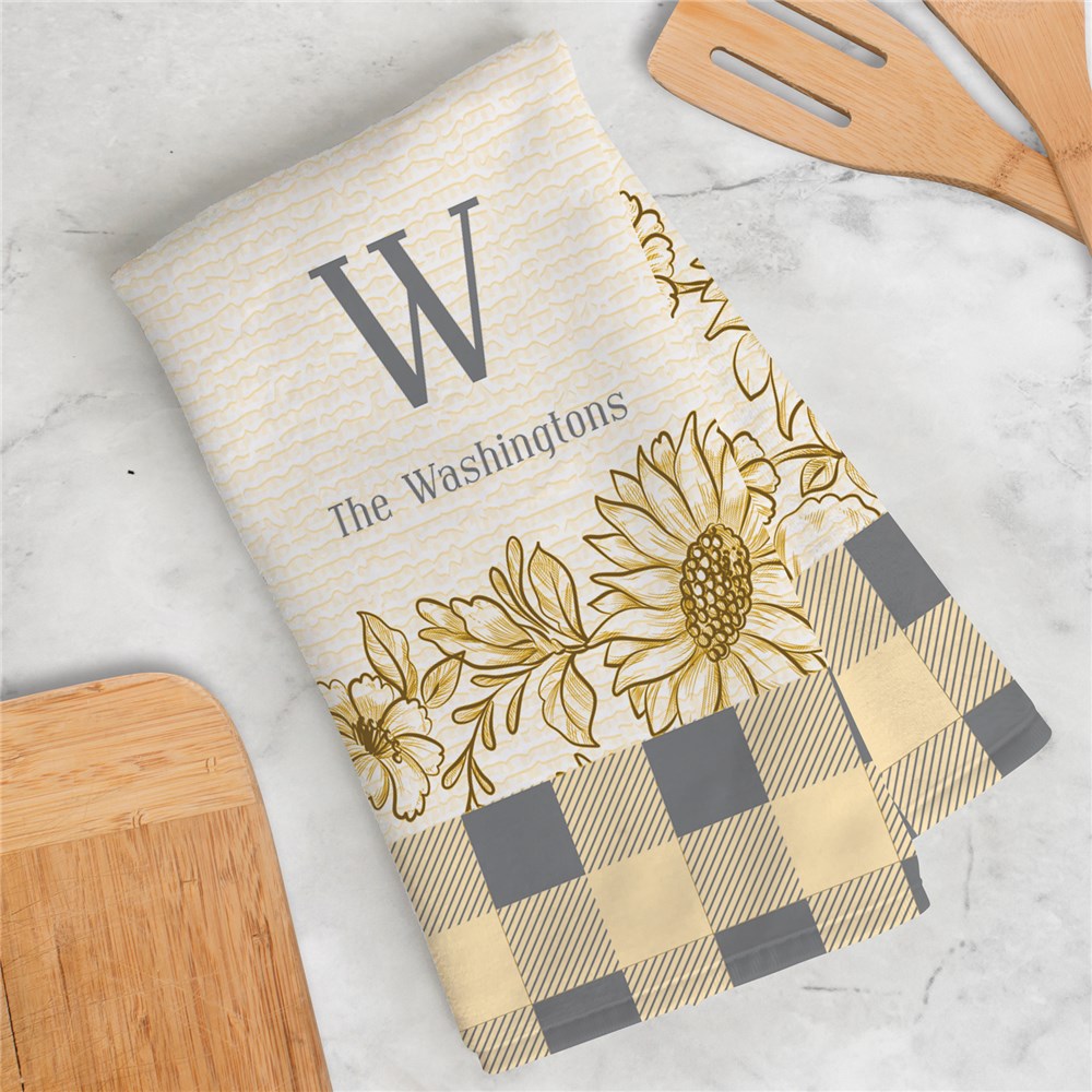 Personalized Dish Towel with Sunflowers and Plaid Design