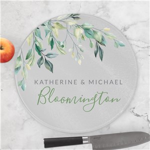 Personalized Round Glass Cutting Board with Leafy Design
