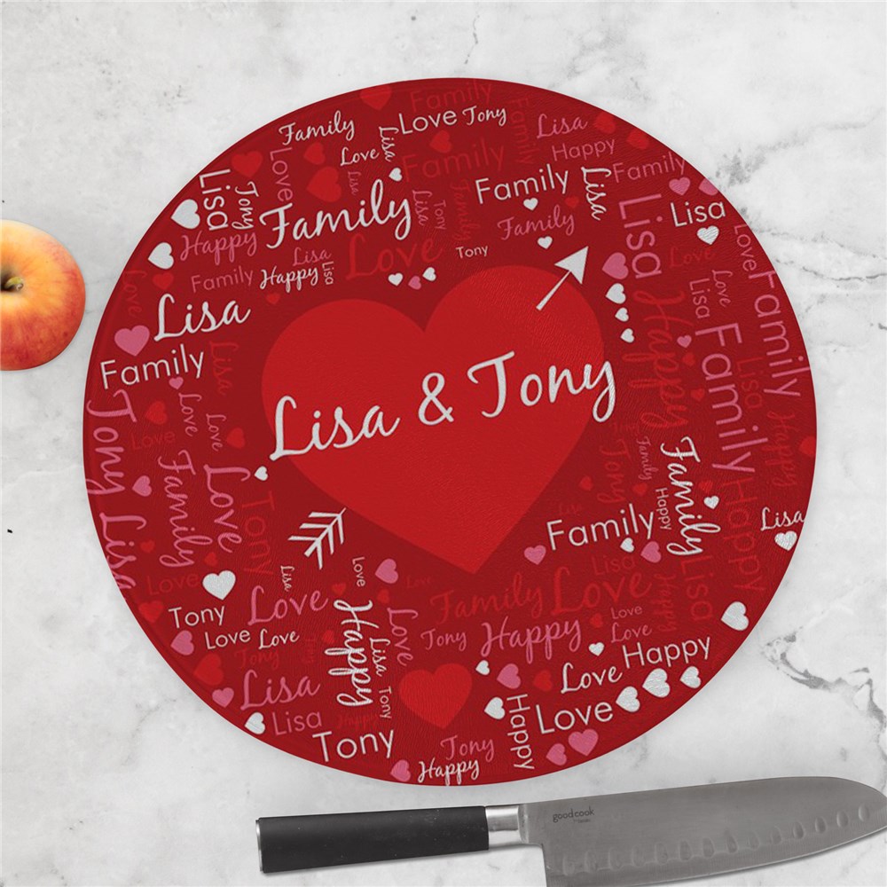 Personalized Couple's Heart & Arrow Word-Art Round Glass Cutting Board