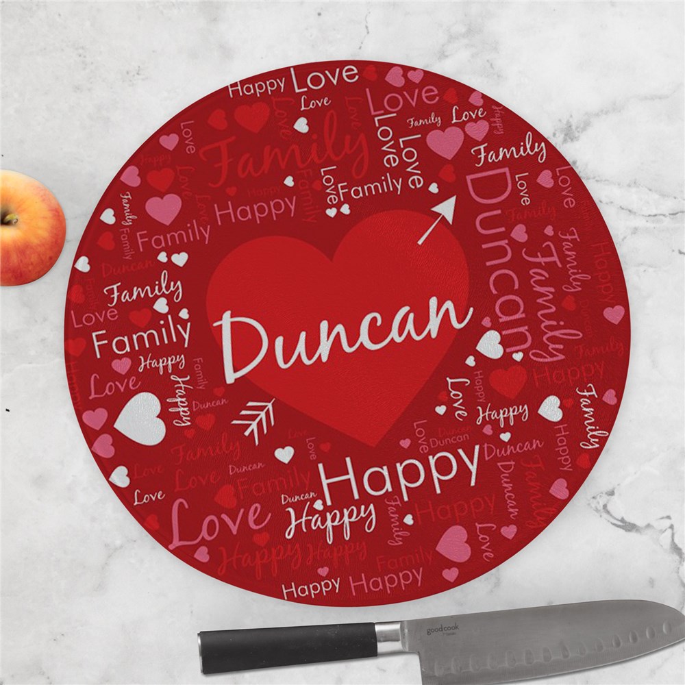 Personalized Couple's Heart & Arrow Word-Art Round Glass Cutting Board