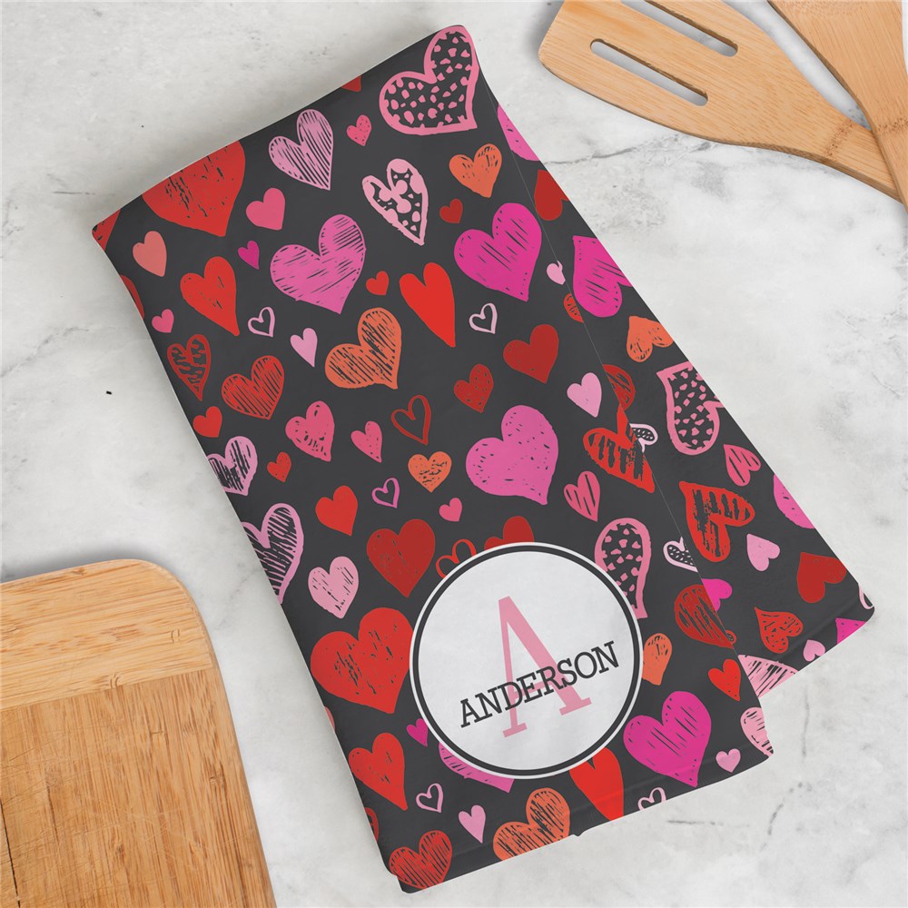 Personalized Multi-Colored Hearts Valentine's Day Dish Towel