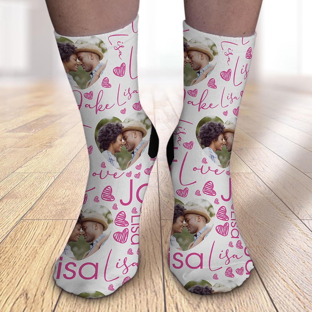 Personalized Photo Crew Socks with Hearts and Word-Art