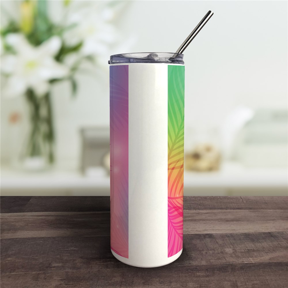 Personalized Tumbler with Straw and Tropical Leaf Design