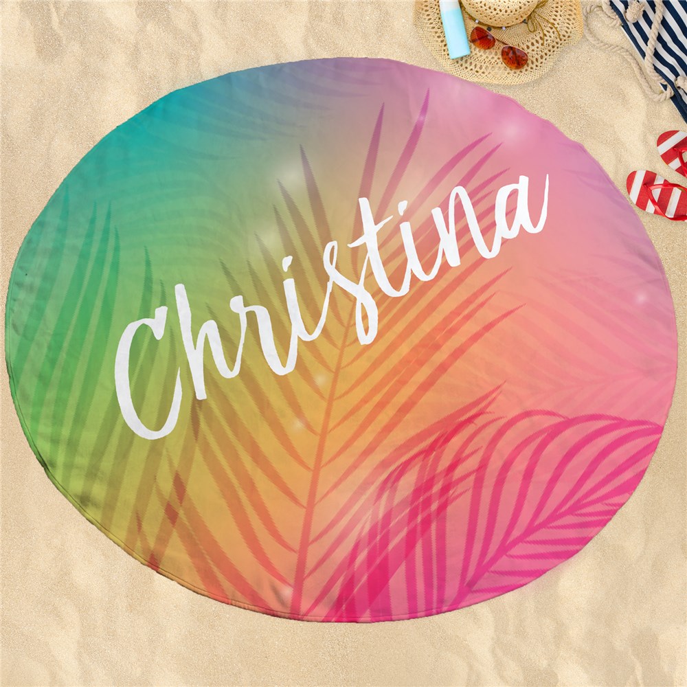 Personalized Round Beach Towel with Tropical Leaves Design
