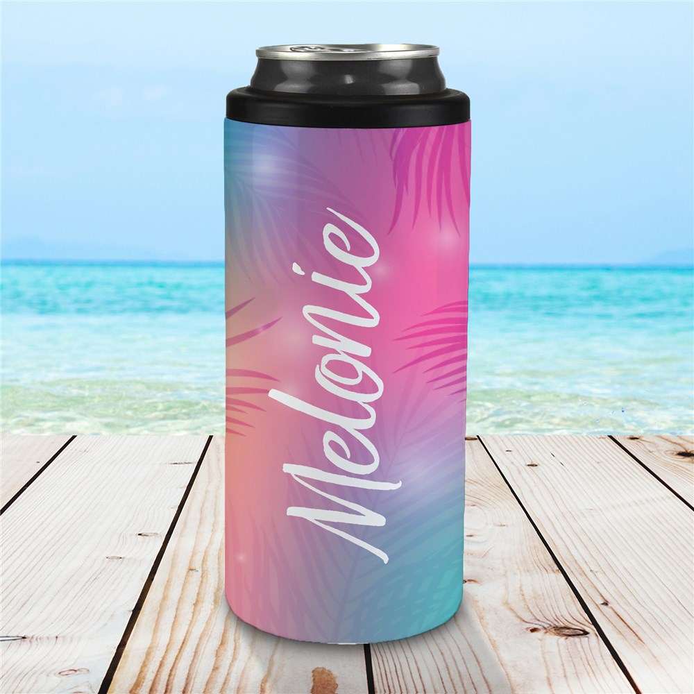 Personalized Slim Can Cooler with Palm Leaf Design