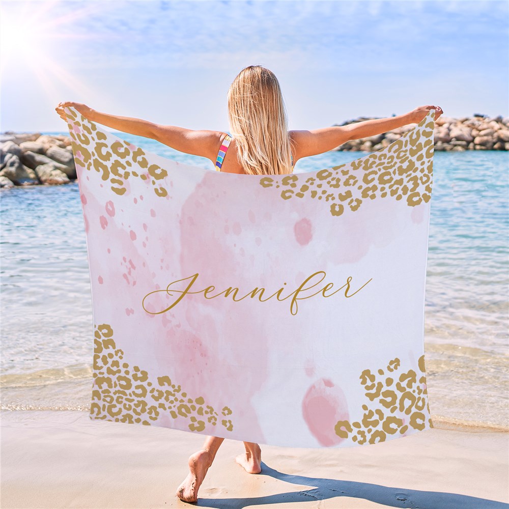 Pink Leopard Print Personalized Beach Towel GiftsForYouNow