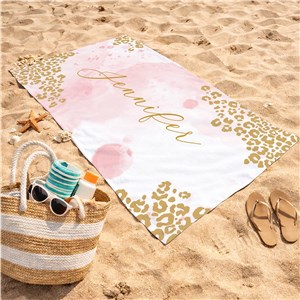 Personalized Pink Leopard Print Beach Towel with Watercolor Look