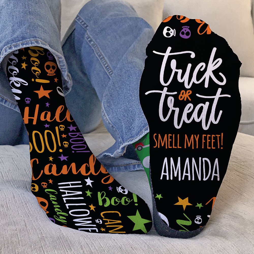 Personalized Trick or Treat Smell My Feet Halloween Crew Socks