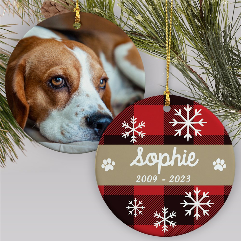 Personalized Red Plaid Memorial Photo Double Sided Round Ornament