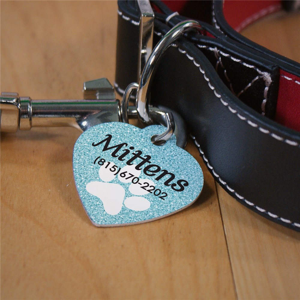 Personalized Glitter Paw Heart Pet Tag 