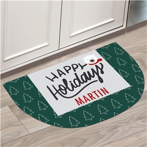 Personalized Happy Holidays Bear & Trees Half Round Doormat U21546116