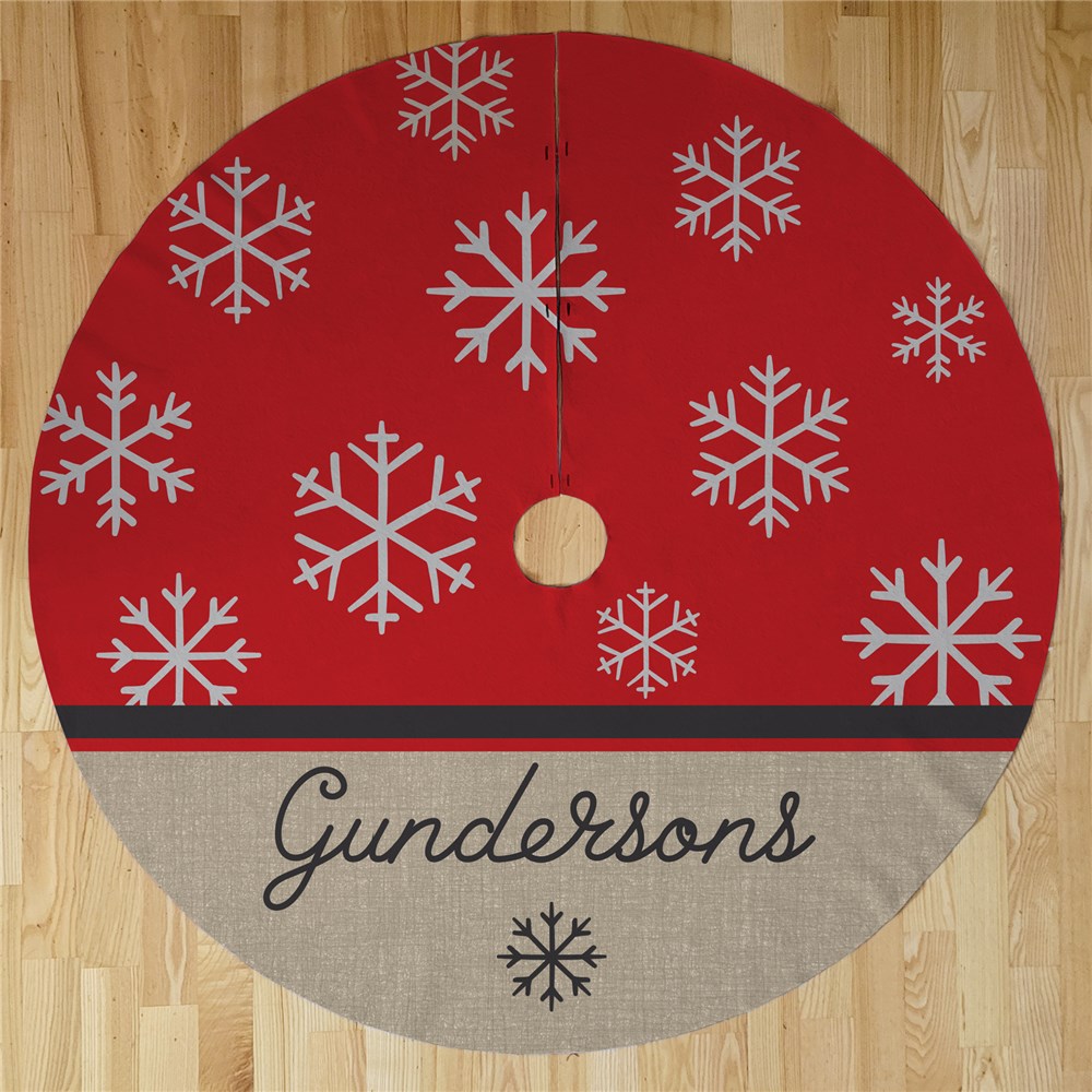 Personalized Christmas Tree Skirt With Red Snowflake Design