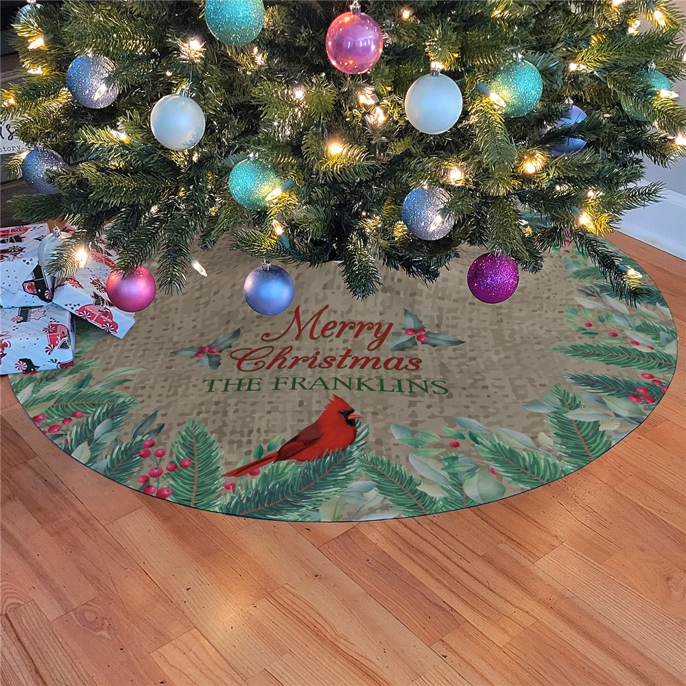 Merry Christmas Tree Skirt With Cardinal Design