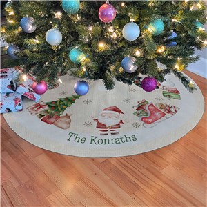Personalized Cute Watercolor Santa and Snowmen with Family Name Tree Skirt